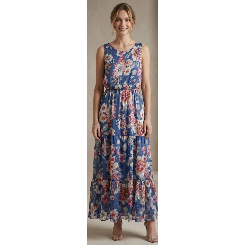Lara g womens xl maxi dress silk blend blue floral tiered fairy beach resort